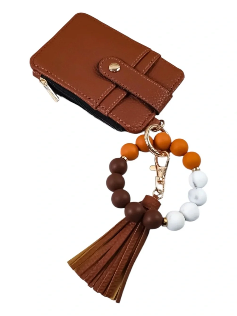Dark Brown Leather Wristlet Keychain with Orange and White Beads